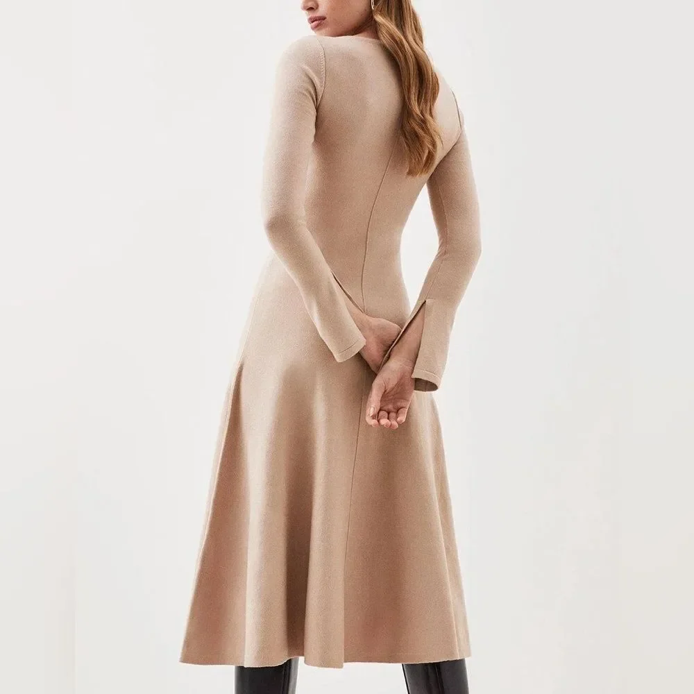 Karen Millen Lydia Millen Knit Midi Dress – Beige Cream, Full Skirt, Size M - Picture 3 of 7